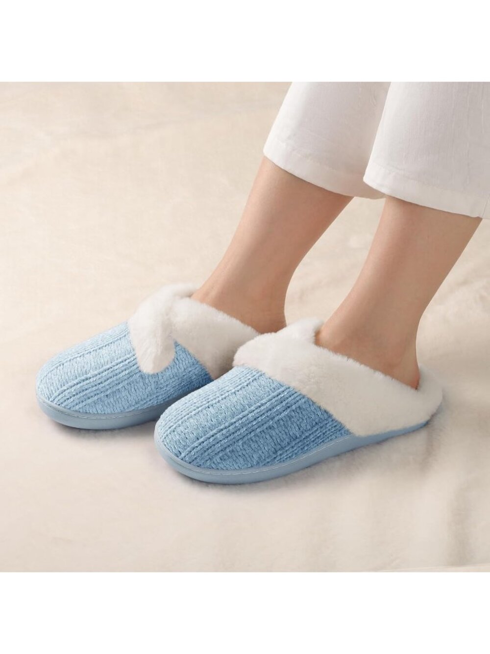 〽️Women's Blue Slippers Closed Toe Winter Slip on No Heel Bedroom Home Shoes - Picture 2 of 5